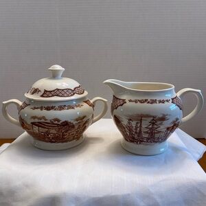 Alfred Meakin Fair Winds brown covered sugar bowl and creamer set.